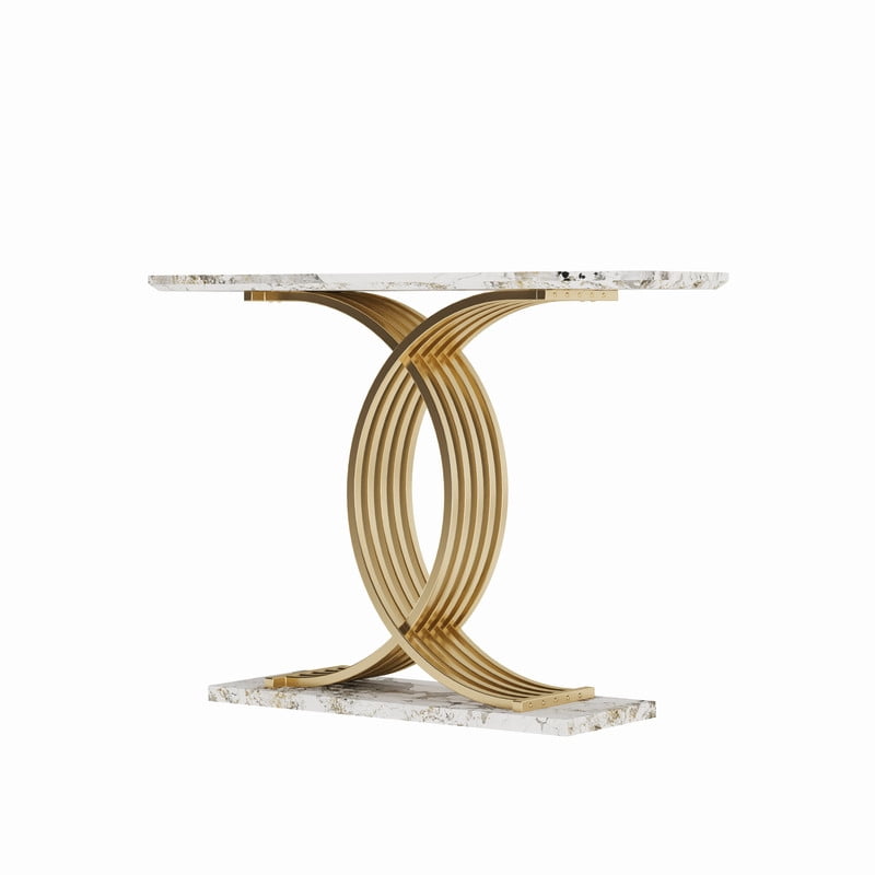 Accent Console Sofa Table with Gold Intertwined Crossed Metal Base, Entryway Display Side Table with Faux Marbling Top