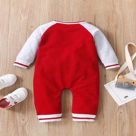 

Fashionable cute and personalized long sleeved letter printed baby boy jumpsuit with round neck