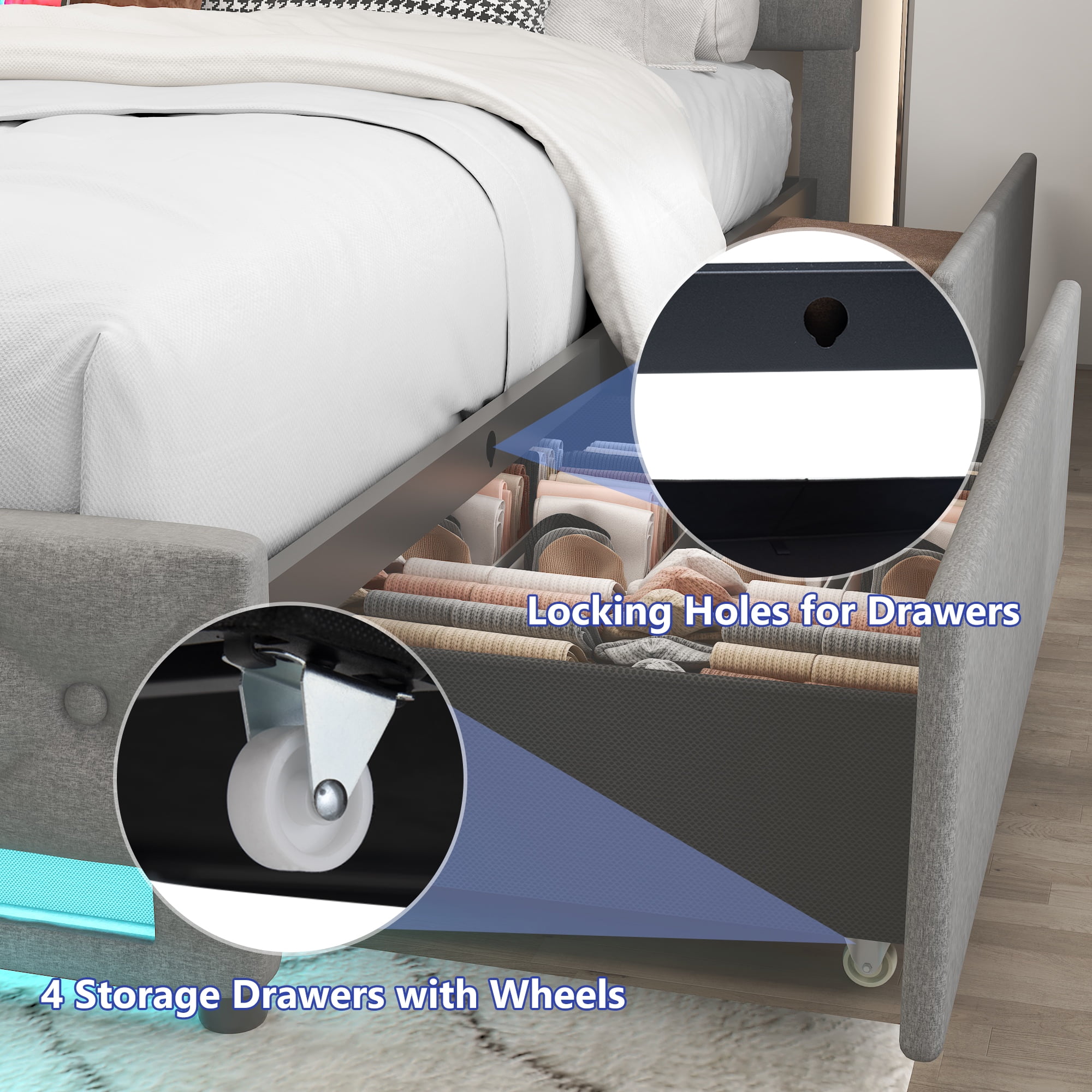 King Size Bed Frame with 4 Storage Drawers and 2 USB Ports, Platform Bed with LED Light, Modern Upholstered Headboard, No Box Spring Needed