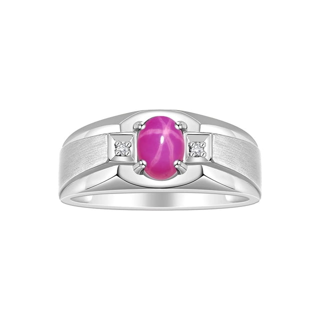 RYLOS Men's Rings Sterling Silver Classic 7X5MM Oval Gemstone & Diamond Ring Star Ruby July Birthstone Rings For Men, Silver Rings, Size 10