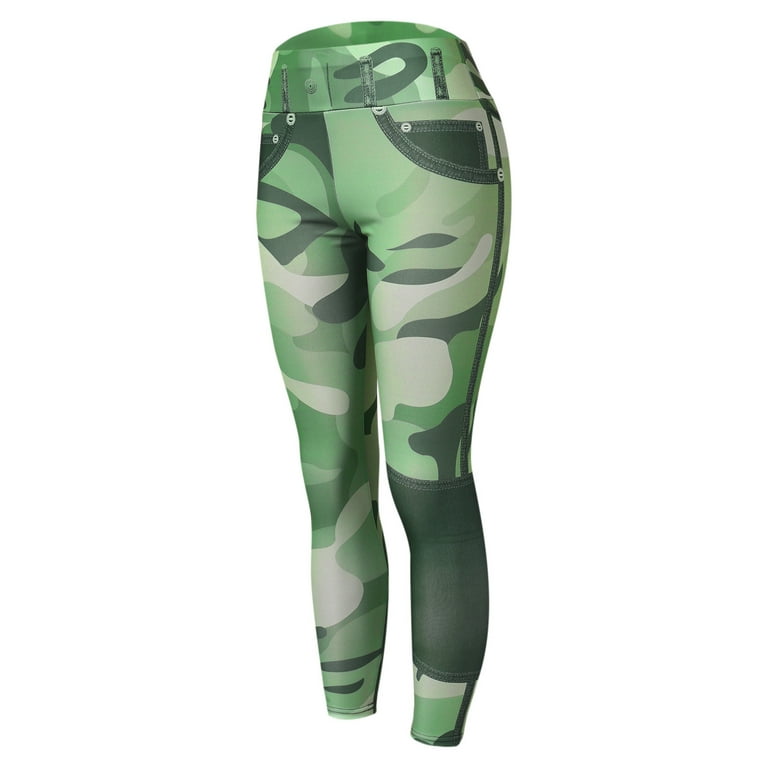 ZHIZAIHU Women Camouflage Yoga Pants Summer Leggings Pants Straight Slim  Leg Elastic High Waist Ankle Trousers Green L 