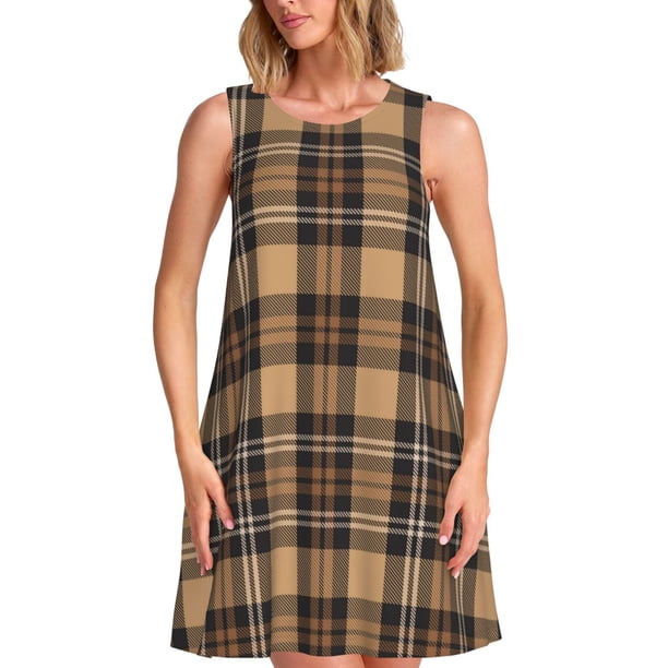 Fotbe khaki coffee plaid Vestido de Verano sin Mangas para Mujer – Vestido Midi Línea A, Estilo Camiseta Floral, Vestido Playero Casual y Fluido