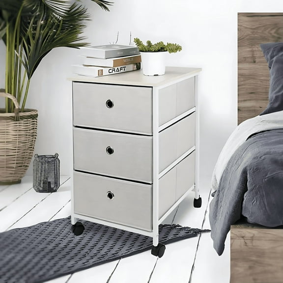 HEFPTURE SpatialMaster 3-Drawer Nightstand – Fabric Side Table Storage Tower with Wheels, Compact Dresser Chest for Bedroom or Office