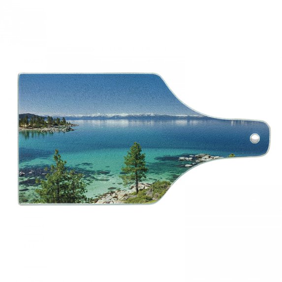 Blue Cutting Board, Tranquil View of Lake Tahoe Sierra Pines on Rocks with Turquoise Waters Shoreline, Tempered Glass Cutting and Serving Board, Wine Bottle Shape, Blue Grey Green, by Ambesonne