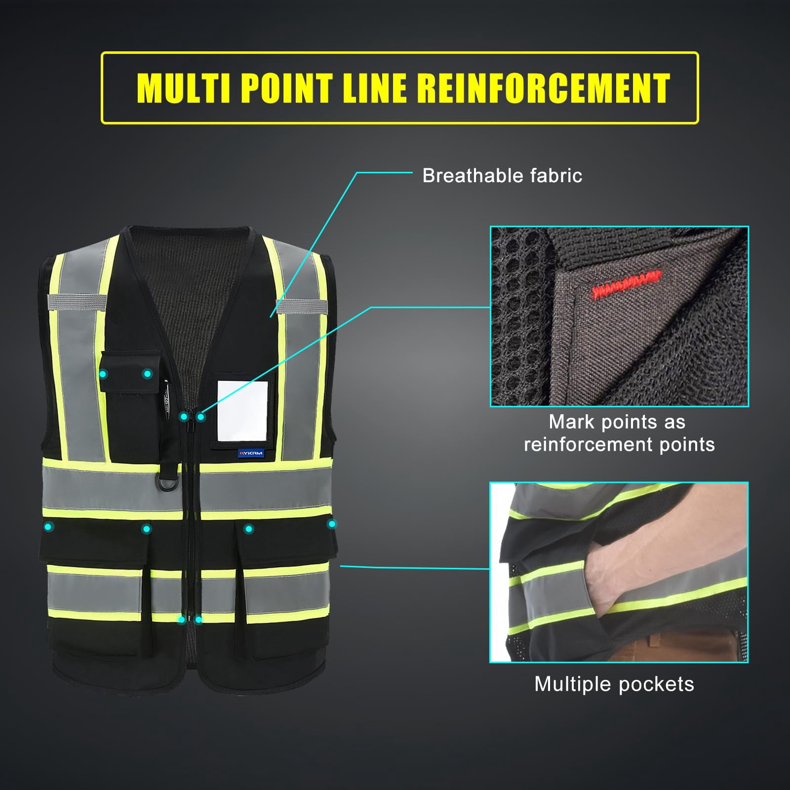 AYKRM Security Vest for Men Women 7 Pockets High Visibility Reflective Safety Vest Front Zipper Meets ANSI/ISEA