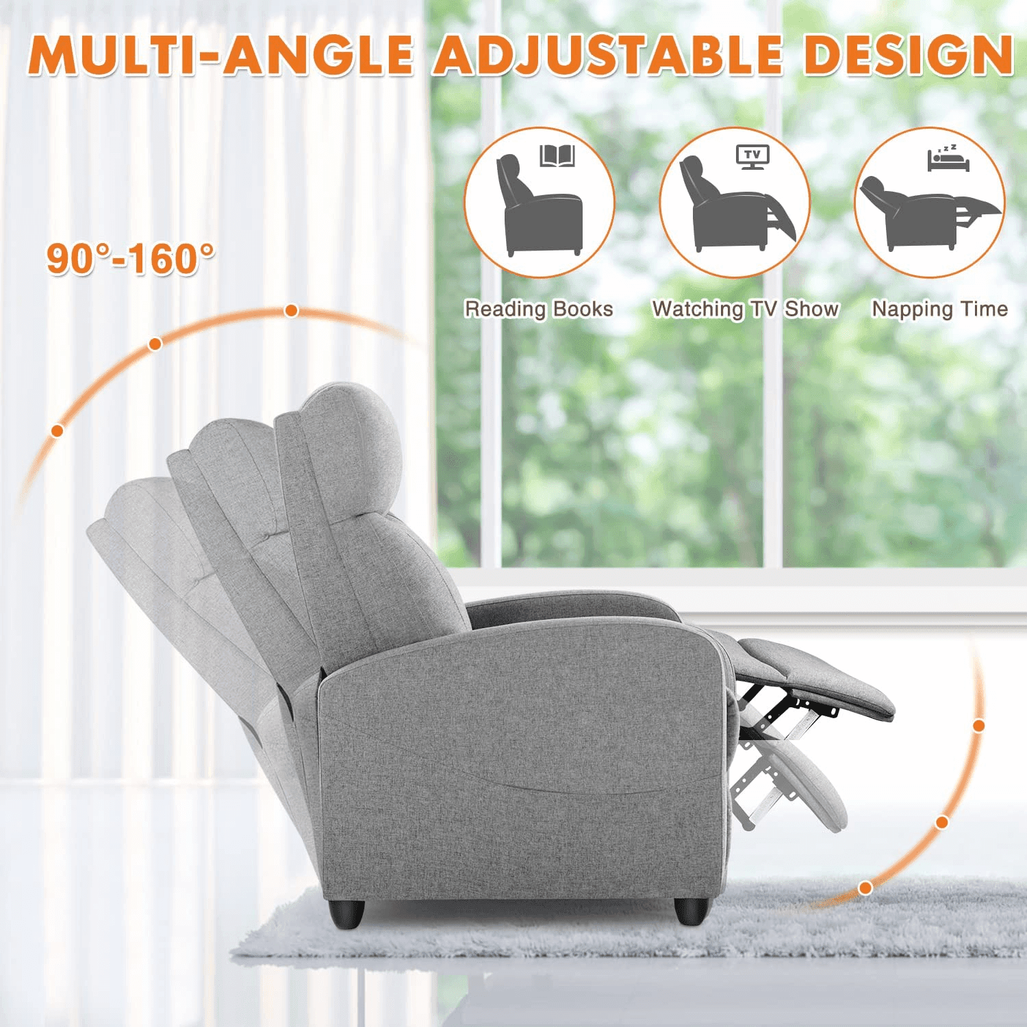 Manual Recliner Chair Sofa with Massage and Heating, Overstuffed Push Back Reline Chair, Lumbar Support Home Theater for Living Room, Grey