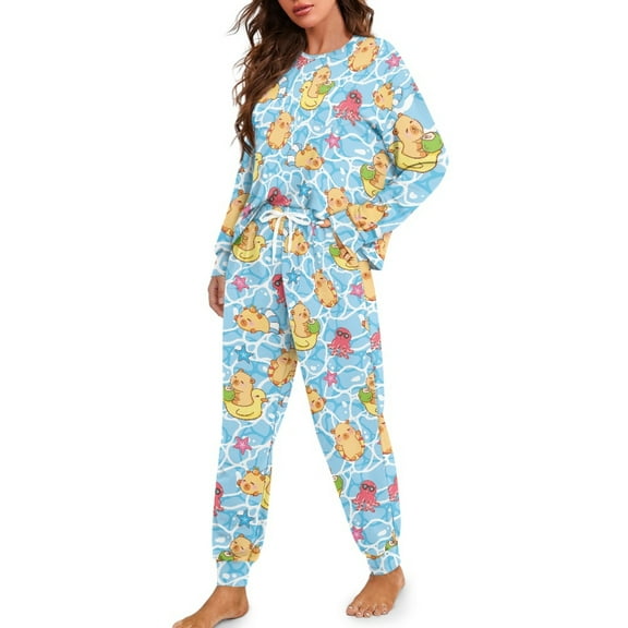 Tutolipy Capybara Octopus Printed Drawstring Pajamas for Women Soft Sleepwear Casual 2 Piece Pjs Set Long Sleeve Tops Jogger Pants Pajama Sets, S