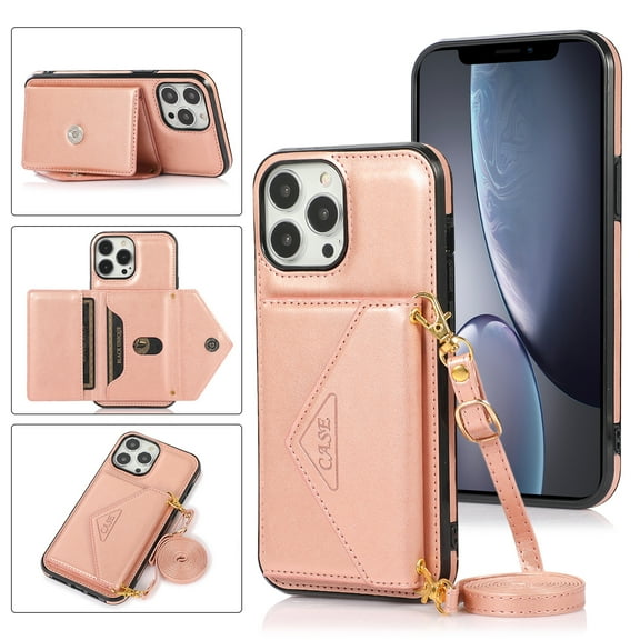 Wallet Case for iPhone 13 Pro, Detachable Crossbody Lanyard Strap PU Leather+Soft TPU Bumper Magnetic Clasp Back Flip Credit Card Slots Kickstand Cover for iPhone 13 Pro - 6.1", Rosegold