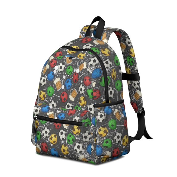 Football and Beermug Black Pattern Cute School Backpack with Padded Back and Adjustable Shoulder Straps 13.4"x11"x4.7"