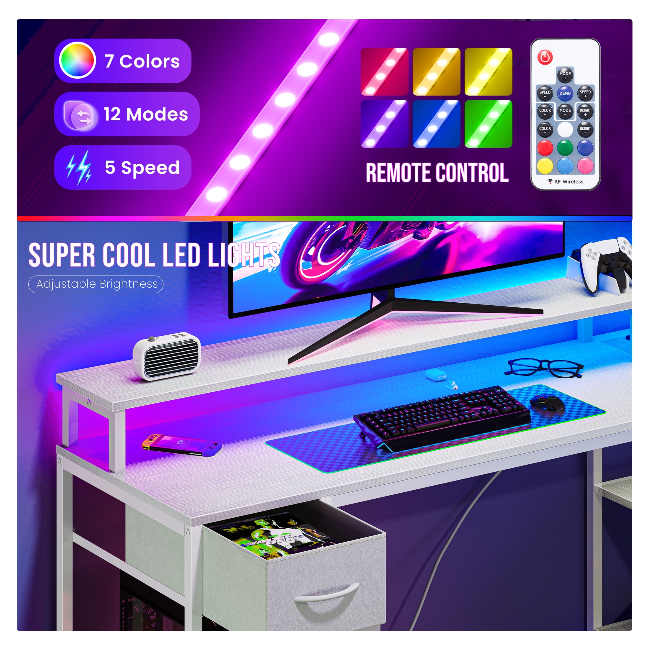 EDX 53 Inch L Shaped Gaming Desk with Power Outlet & LED Light, Reversible Computer Desk with Shelves & Monitor Stand, Corner Desk with Drawer for Home Office, White