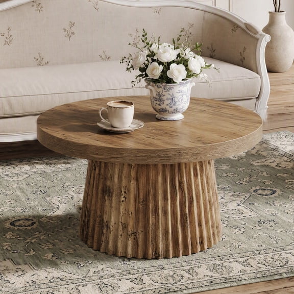Fnova 31" Round Coffee Table, Modern Fluted Drum Farmhouse Center Table, Brown Wood Pedestal Accent Table for Living Room, Apartment, Small Space