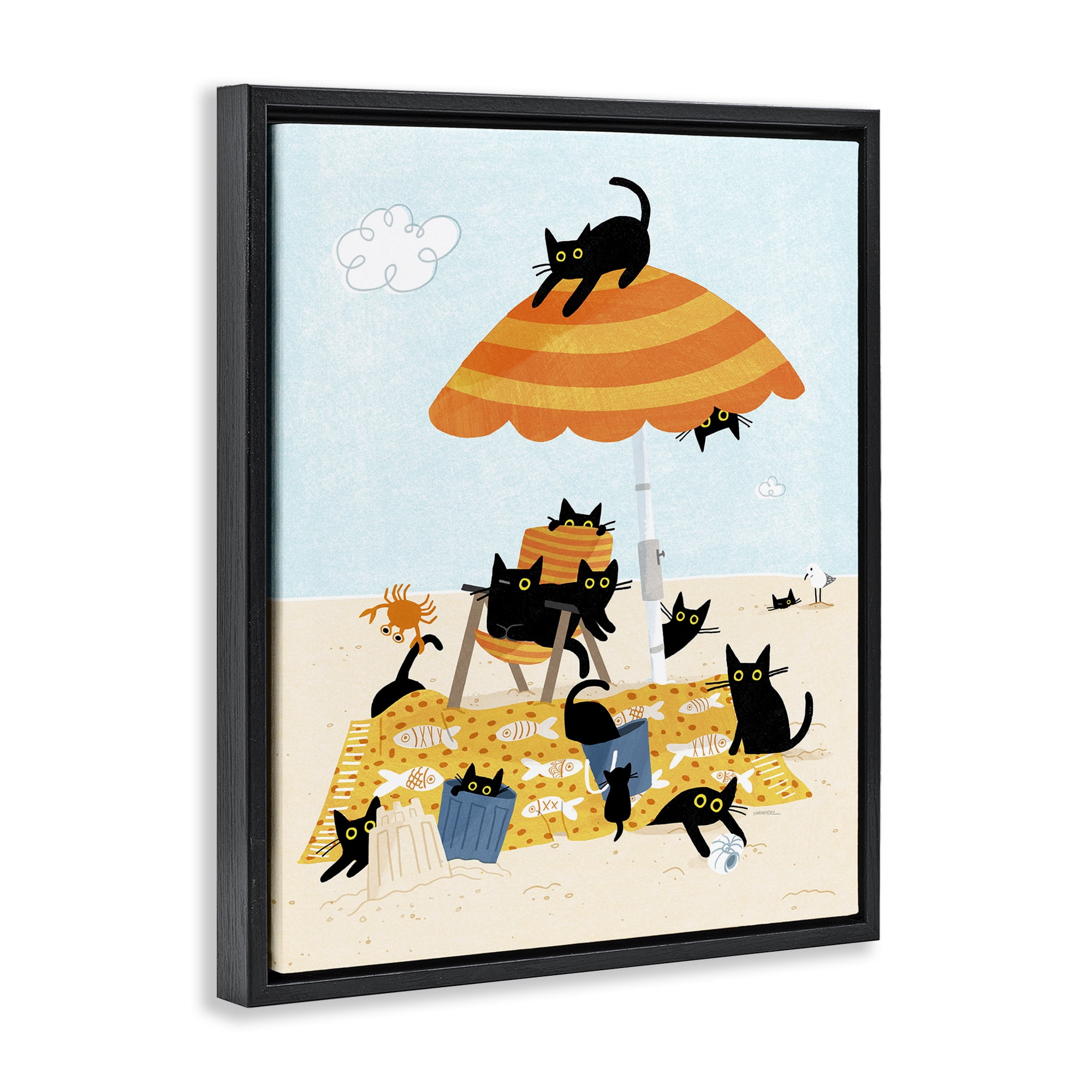 Stupell Industries Black Cat Beach Day Animals Painting Black Floater Framed Canvas Art Print Wall Art, 25 x 31