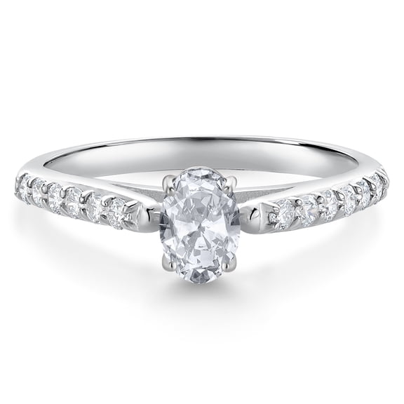 Gem Stone King 10K White Gold White Topaz and White Lab Grown Diamond Engagement Ring for Women (0.78 Cttw, Oval 6X4MM, Gemstone November Birthstone, Size 6)