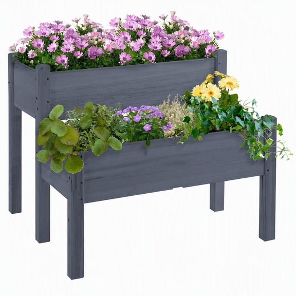 Raised Garden Bed 2-Tier Elevated Wood Planter Box for Patio Backyard to Grow Vegetables Herbs Flowers Gray