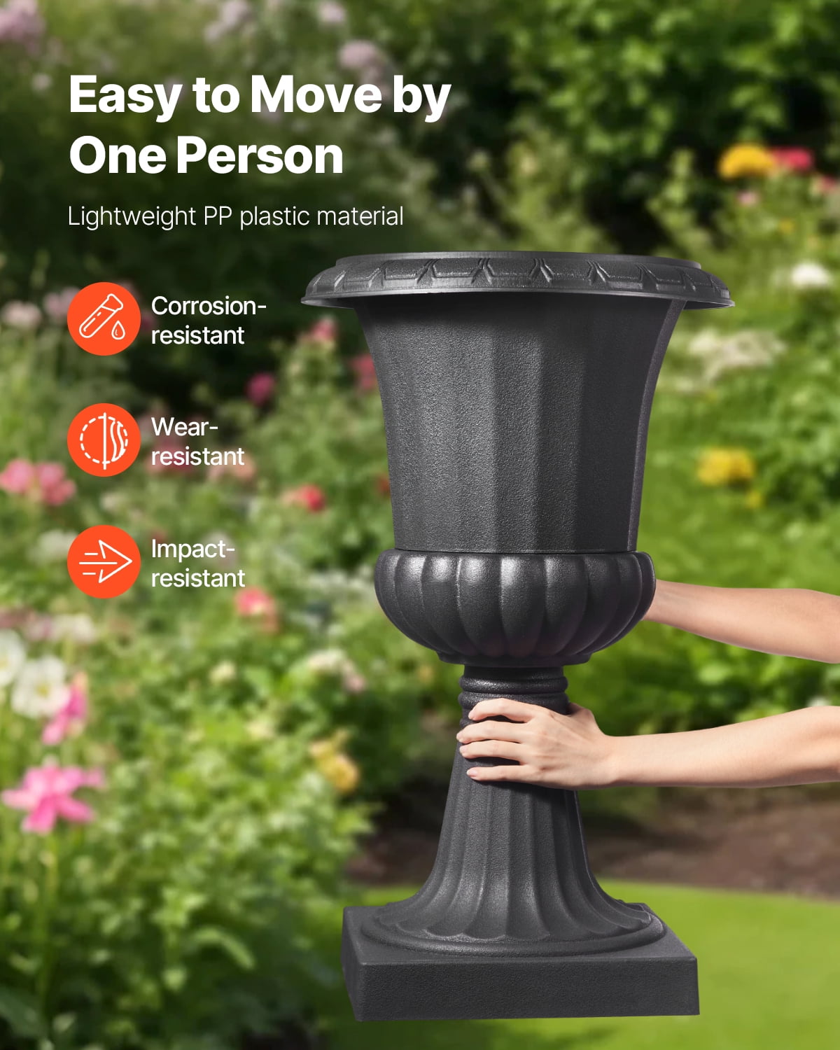 VEVOR Plastic Urn Planters, 15.8 x 26.4 Inch, 2 Pack Black Classic Flower Pots Front Porch Planters, Indoor & Outdoor Vase for Wedding, Party, Event, Home, Stage, Garden, Balcony, Patio Decoration