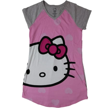 Hello Kitty Nightgown - Womens Hello Kitty Kitten Cat Pink & Gray Nightgown Knit Sleep Shirt Large