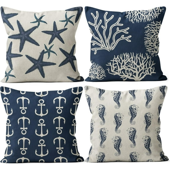 Blue Starfish Pillow Covers 18x18 Inch Nautical Ocean Coastal blue Coral Throw Pillows Spring Summer Decorations Linen Pillowcase Outdoor Decor Farmhouse Cushion Case for Home Holiday