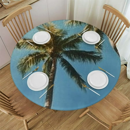 

Sheronv Palm Trees Blue Sky Clouds Round Tablecloth 100% Polyester with Elastic Edge for Picnic Dining Kitchen Farmhouse - Stain-Resistant and Washable 46 -50