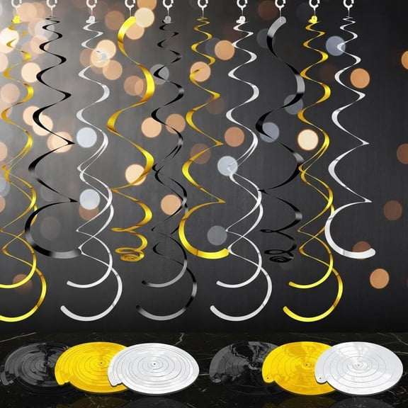Hanging Swirl Party Decorations Plastic Streamer Swirls Spiral Party Decorations for Ceiling Birthday Wedding Graduation(Black, Gold, Silver)