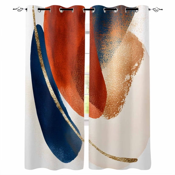 Navy Blue Burnt Orange Blackout Curtains for Bedroom/Living Room, Thermal Insulated Kitchen Curtains, Artwork Geometric Retro Grommet Darkening Window Treatment Drapes 42"x84"x2