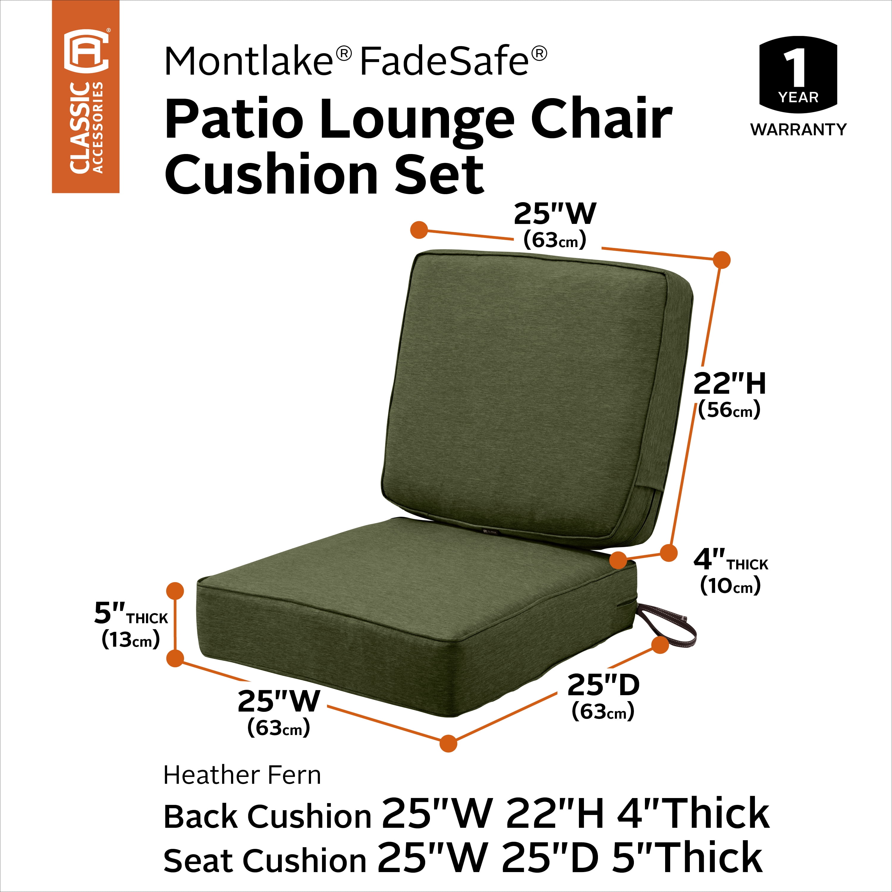 Classic Accessories Montlake FadeSafe Water-Resistant Patio Cushion Set, 25x22x4 in, Heather Fern