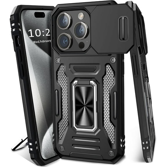 for iPhone 15 Pro Max Case with Slide Camera Cover iPhone 15 Pro Max Phone Case with Magnetic Kickstand Ring, Military Grade Shockproof Protective Case for iPhone 15 Pro Max (Black)