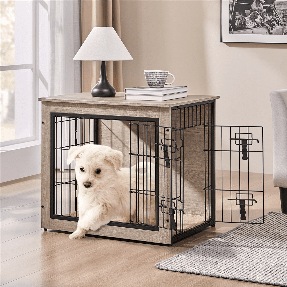 Yaheetech 27.5"W Dog Crate Furniture with Anti Skid Plush Mat, Gray