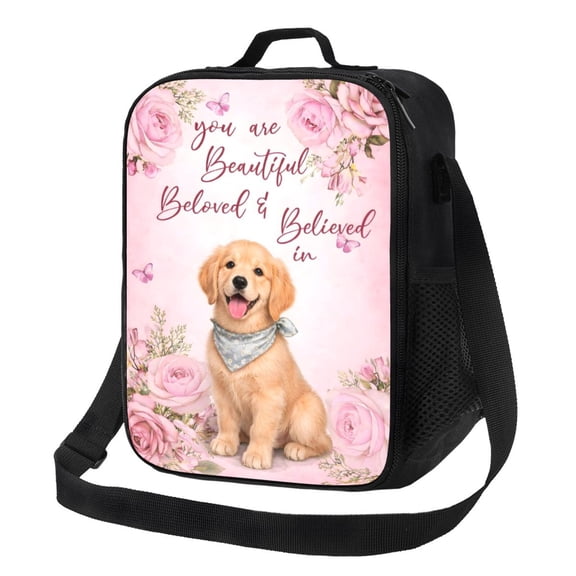 Inspirational Puppy Rose Lunch Bag Insulated Thermal Box with Shoulder Strap & Handle for Work and Picnic