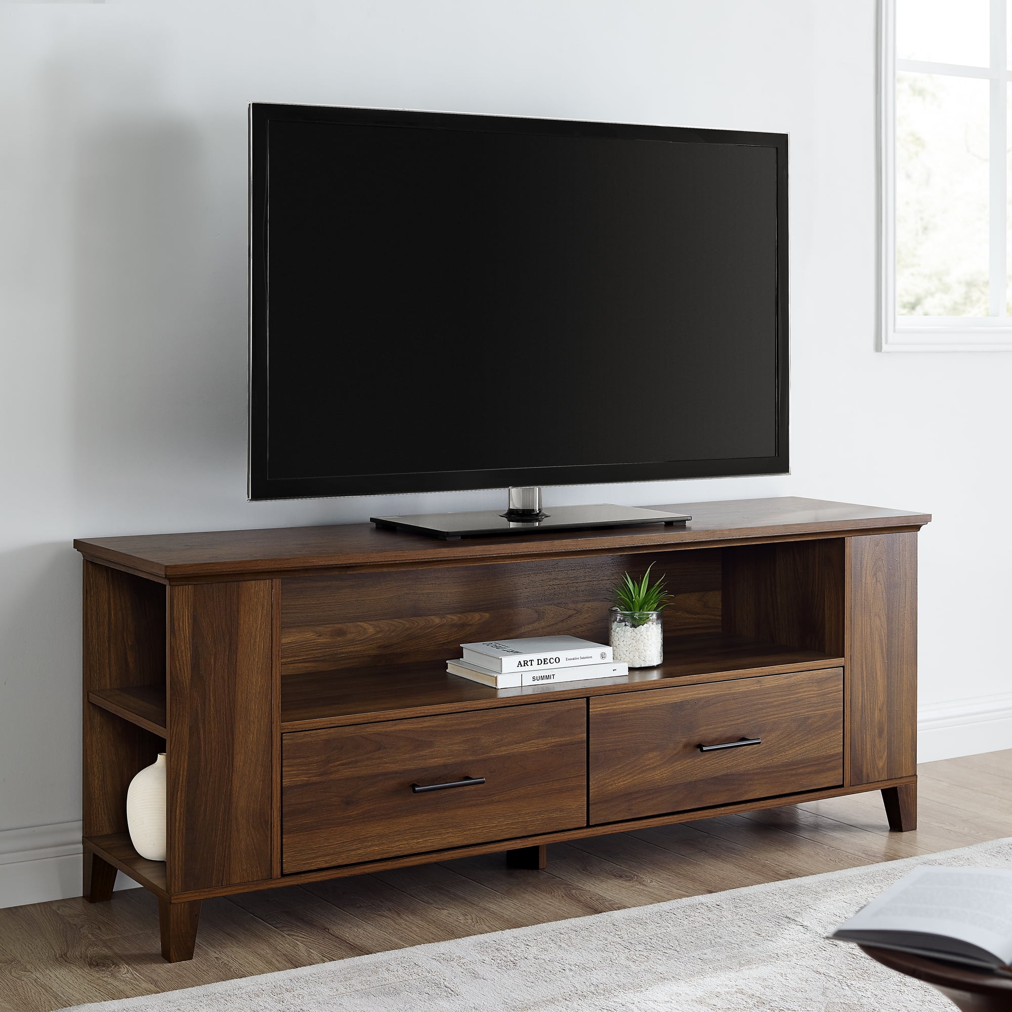 Dark Walnut TV Stand with Adjustable Shelves for TVs up to 65" by Manor
