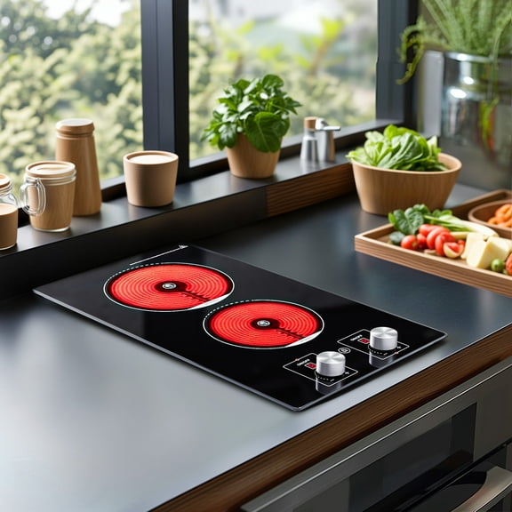 Advwin 2 Burner Electric Cooktop,110v Electric Cooktop with Knob Control,12 Inch Countertop & Built-in Ceramic Cooktop with Child Safety Lock, Timer, 9 Power Levels and Over-Temperature Protection