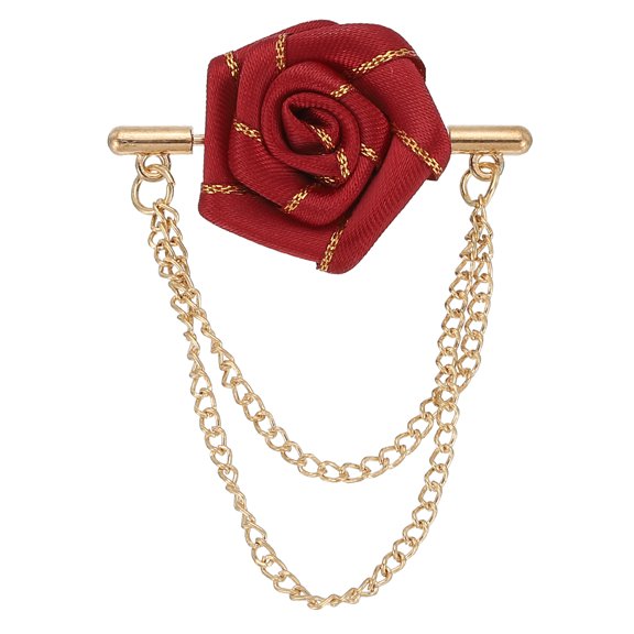1 Pcs Rose Lapel Pin with Double Hanging Chain Brooch Suit Stud Dinner Party Red with Gold Rim
