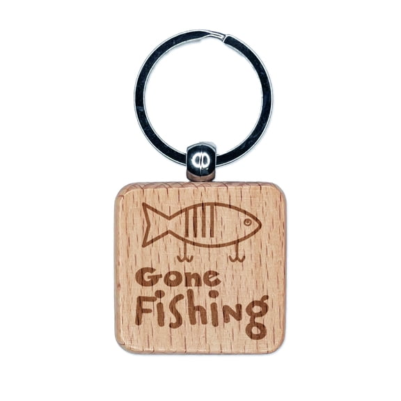 Gone Fishing Lure Fun Text Square Keychain Charm Tag - Engraved Wood