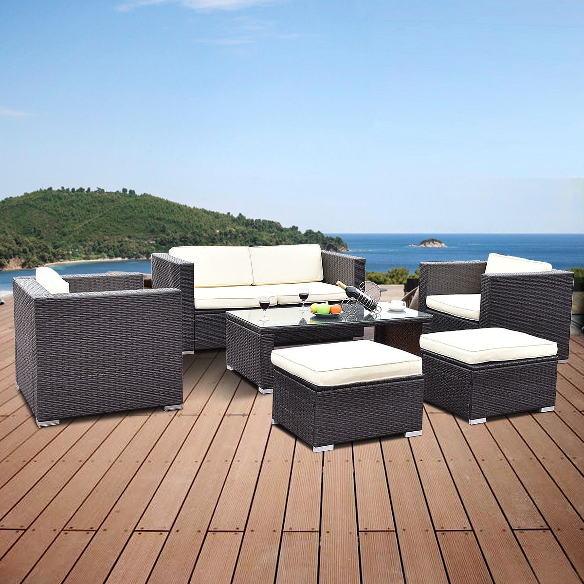 Costway 6 PCS Patio Rattan Wicker Furniture Set Loveseat Ottoman Cushioned Garden by Costway