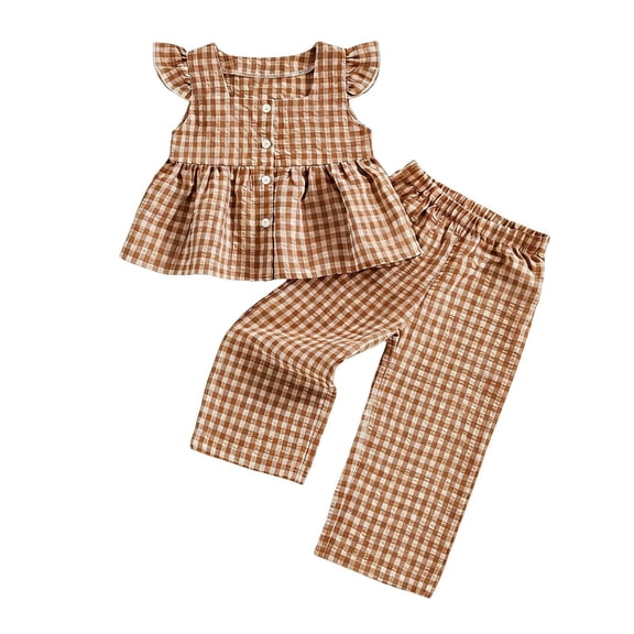 Mitankcoo Toddler Girls 2 Piece Outfits Fashion Plaid Ruffle Tank Top and Wide Leg Bottoms Pants Sets for Daily