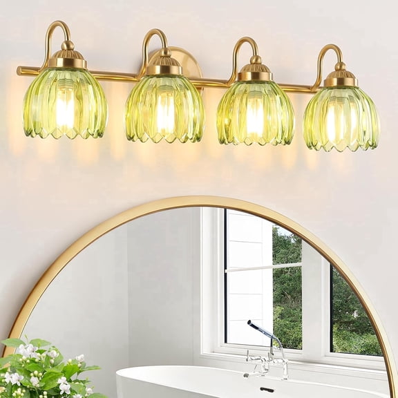 SineRise Vintage Brass Vanity Light, Green Tulip Glass Shade, 4-Light