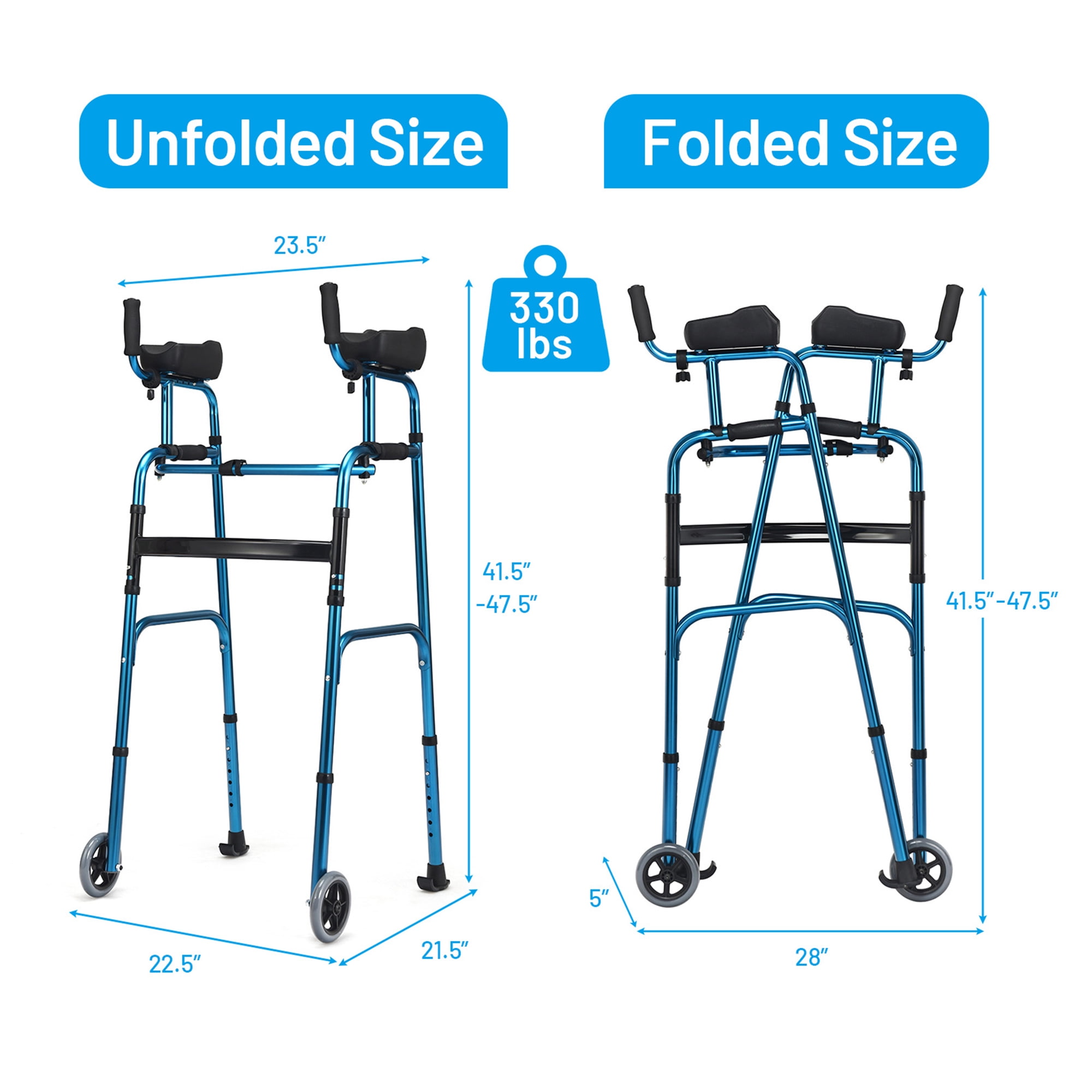 Gymax Folding Walker Aluminum Walking Aid Adjustable Walking Frame with Wheels Blue