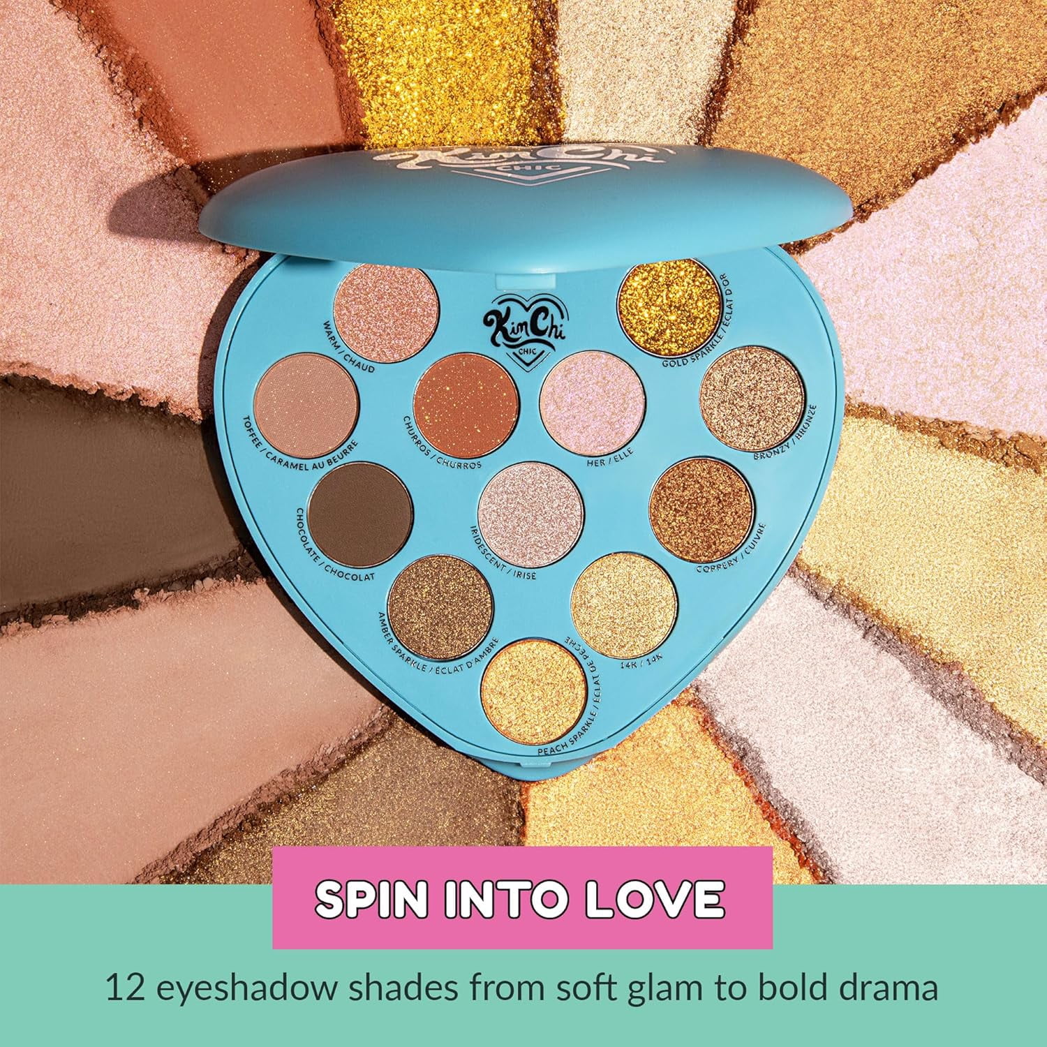KimChi Chic Beauty Spinning Hearts Love Eyeshadow & Pigment Palette - 12 Shades for Soft Glam to Bold Looks, Long Lasting, Blendable, Cruelty Free, Partner in Crime 0.3 oz