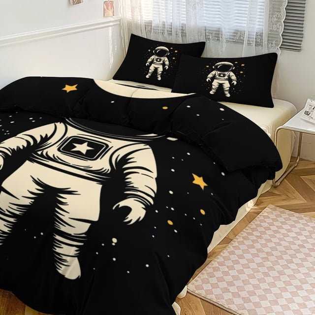 Juego de funda de edredón con diseño de astronauta, tamaño king y queen, 3 piezas, 1 funda de edredón y 2 fundas de almohada con cierre de cremallera, 86 x 70 pulgadas