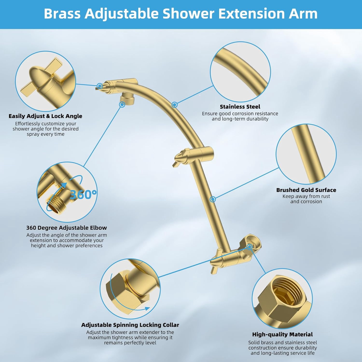 All Metal cUPC Certified Rain Shower Head, 10'' High Pressure Rainfall Showerhead with 16" Shower Head Extension Arm, Brass Adjustable Shower Arm Extender, Fixed Showerheads, Brushed Gold