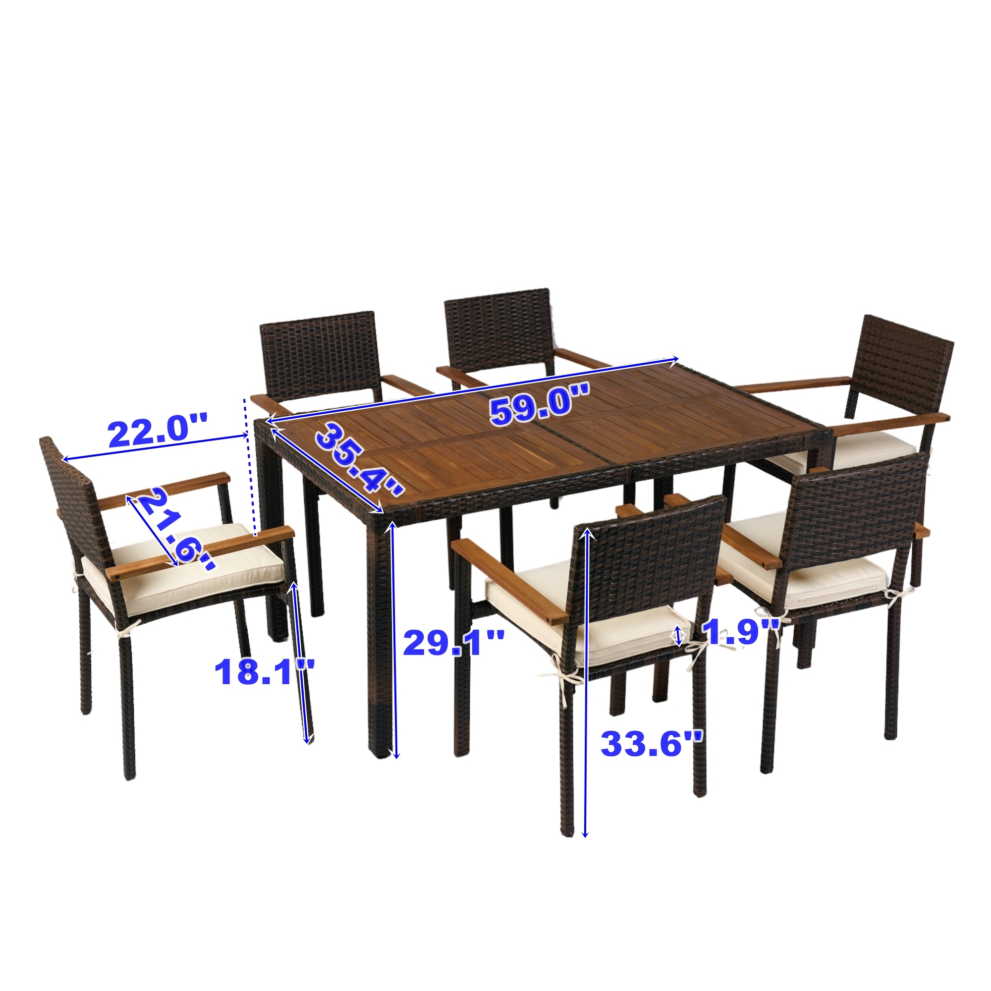 7 Pieces Patio Conversation Set,Outdoor Dining Set with Rectangular Table,Brown Wicker + Cream Cushion
