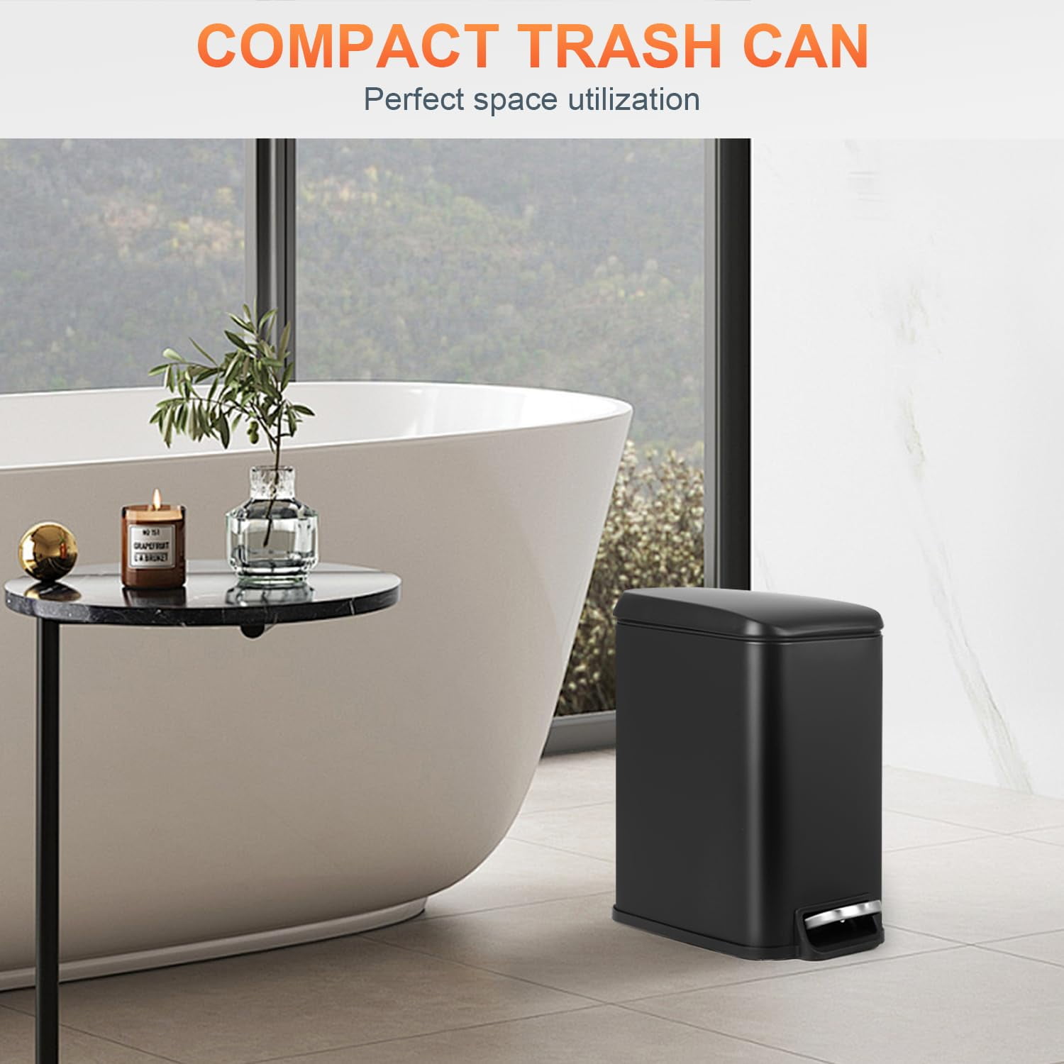 YRLLENSDAN Small Bathroom Trash Can with Lid, Step Trash Can with Foot Pedal, Stainless Steel Small Garbage Can for Bedroom Kitchen Office Dorm, Black 2 Pack