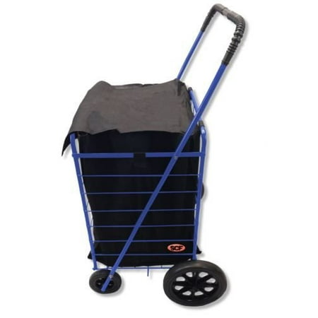 - Extra Large Folding Shopping Cart Basket 4 Wheel Jumbo WITH FREE LINER AND CARGO NET by SCF (Blue with Black liner)