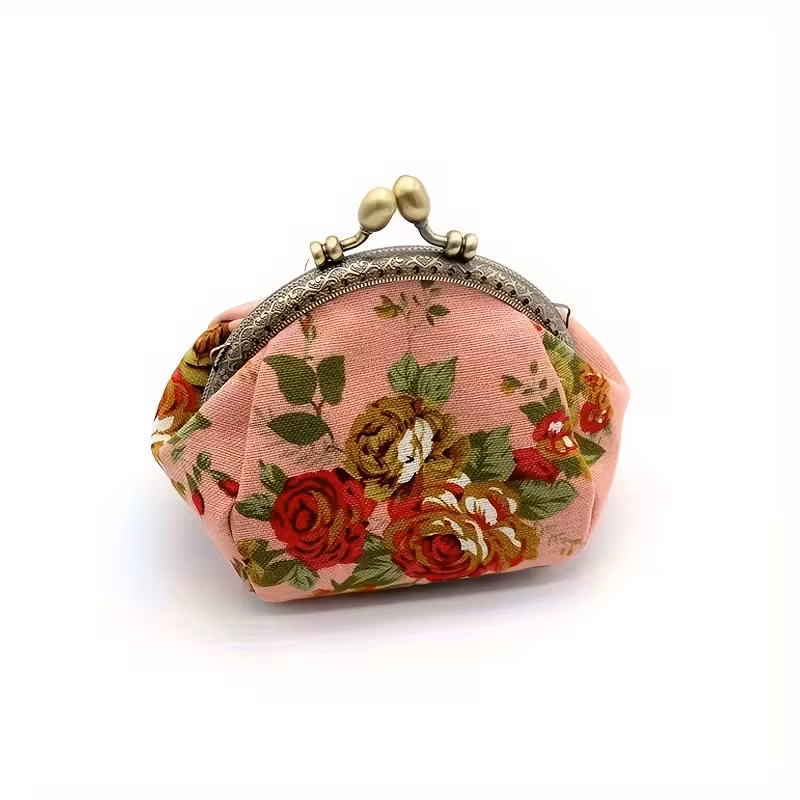 Coin Purse, Floral Fabric Clasp Coin Purse with Vintage Metal Clasp, Pink, 1 PC