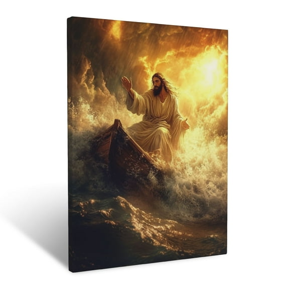 CozyNet Jesus Calming Stormy Seas With His Outstretched Hand Under A Glowing Sky Wall Art Prints With Frame Canvas Perfect for Living Room & Bedroom, Ready to Hang, Wall Decor 12"x16"