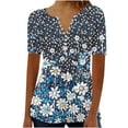 thumbnail image 2 of Frostluinai Boho Tops for Women Hide Belly Shirts Pleated Button V Neck Tunic Tops Short Sleeve Floral Shirts Casual Going Out T-Shirts, 2 of 5
