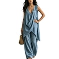thumbnail image 4 of Women's Solid Stand Collar Sleeveless Draped Top Loose Harem Pants 2 Piece Outfit, Casual Beach Vacation Matching Set Sky Blue XL(XL), 4 of 7