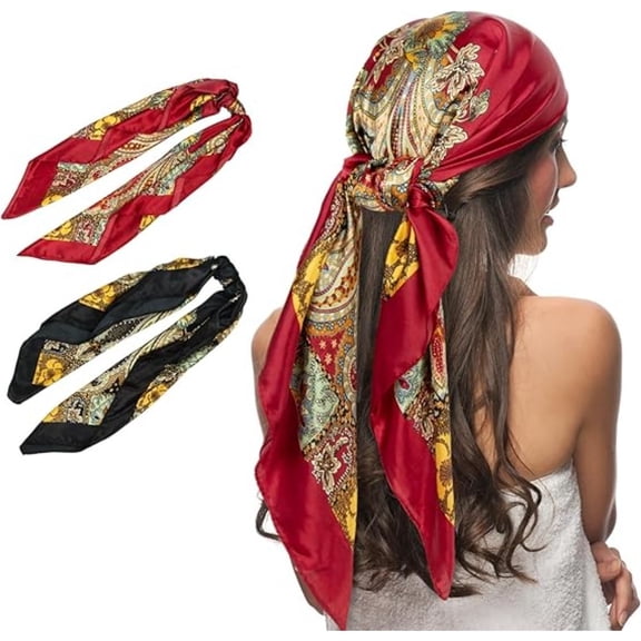 2 Pack Satin-Finish Head Scarves for Women, 35" Square Silk-Like Scarves for Hair Wrapping, Sleeping, and Fashion Accessories, Soft & Breathable for Daily Wear