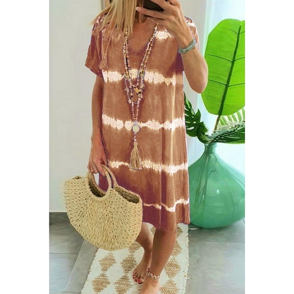 New Women's Casual V Neck Summer T Shirt Dress Loose Short Sleeve Tunic Dress Stripe Print Dress