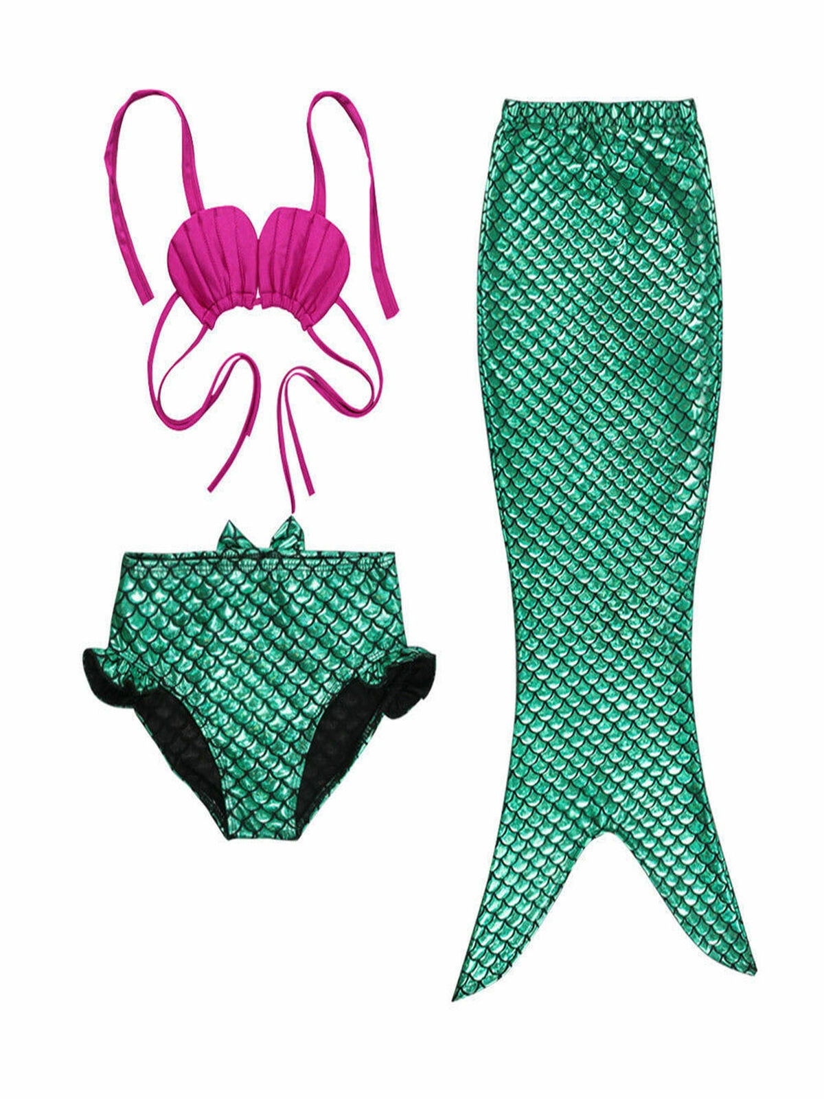 DecStore 3PCS Girls Swimsuit Mermaid Tail Swimwear Bikini Set Costume for Swimming