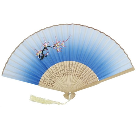 Summer Bamboo - Summer Bamboo Ribs Flower Print Chinese Style Ornament Tassel Hand Folding Fan